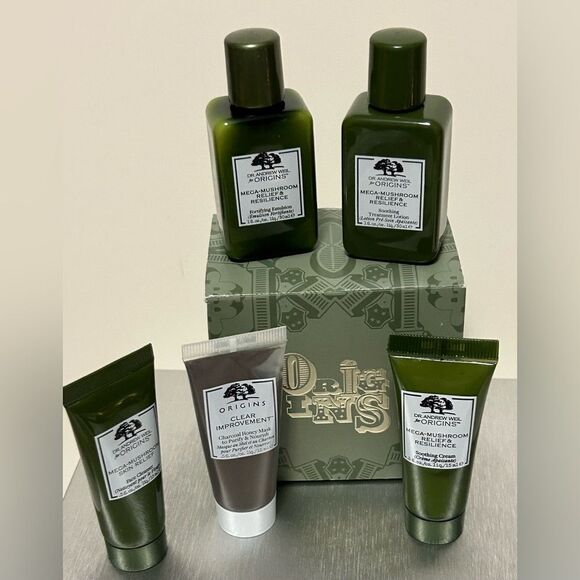 Origins Travel Skincare Set NEW Mask Cleanser Lotion Serum Mushroom Gift Set - Picture 2 of 9